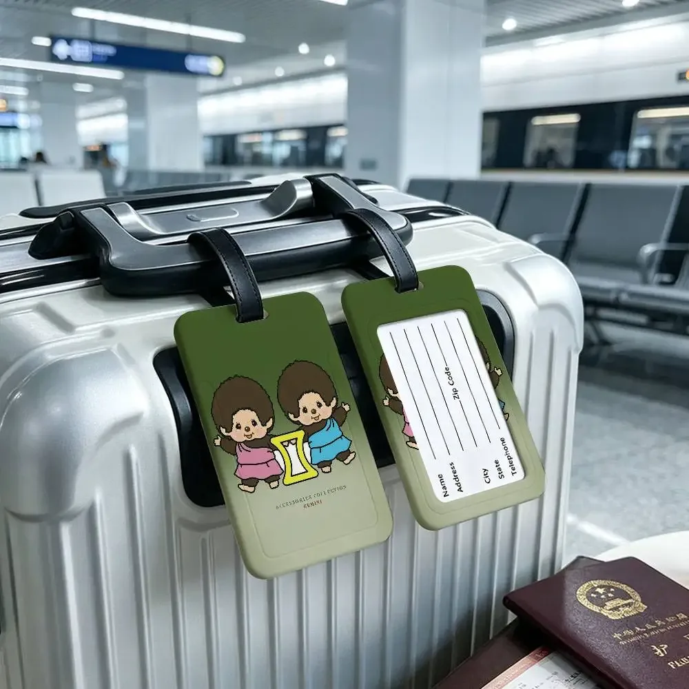 étiquette de bagage en pvc imperméable monchhichis avec carte d'information, étiquette d'identification anti-perte pour bagages et sacs d'école