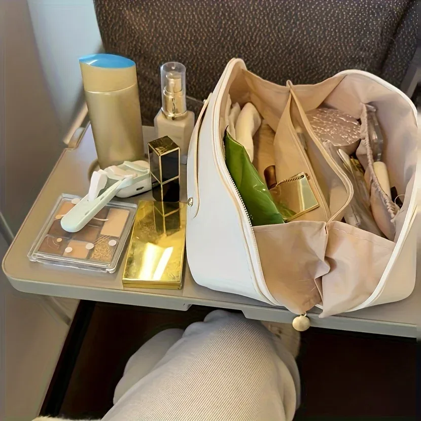 trousse de maquillage de voyage grande capacité, organiseur de cosmétiques extensible avec compartiments zippés pour articles de toilette et accessoires, rose