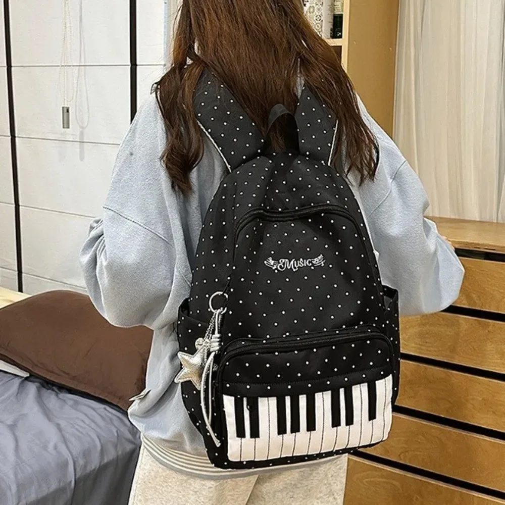 sac à dos en nylon à pois, color-block, mignon, grande capacité, style preppy, motif touches de piano, durable, pour l'école et les voyages