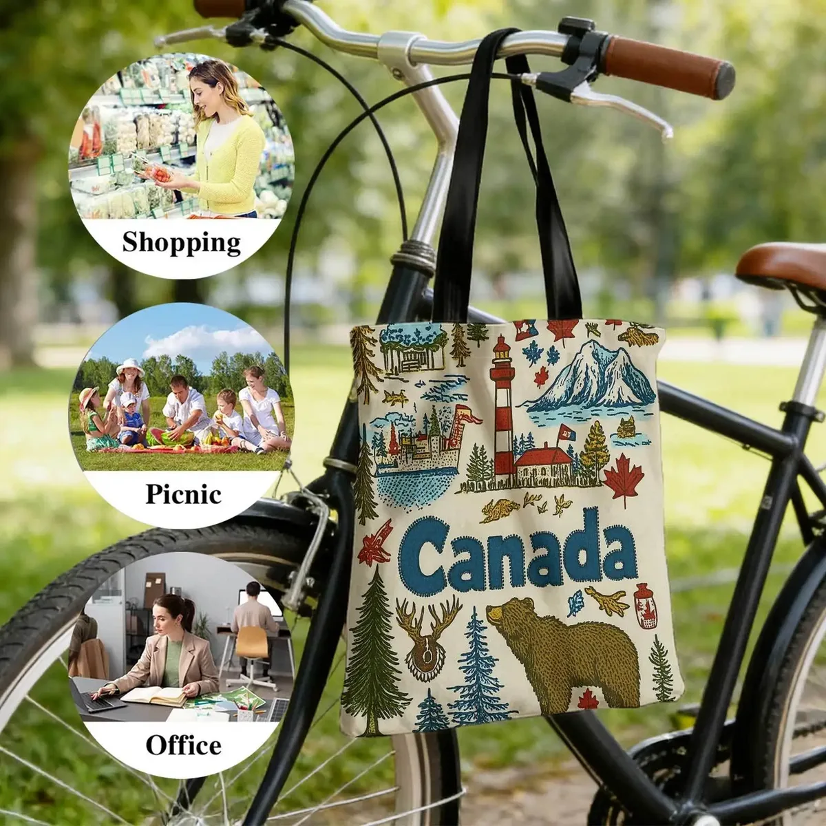 sac fourre-tout en toile avec motif de phare et de fauve du canada, 40x38cm, 1 pièce, adapté aux déplacements quotidiens, au shopping, aux voyages et aux loisirs