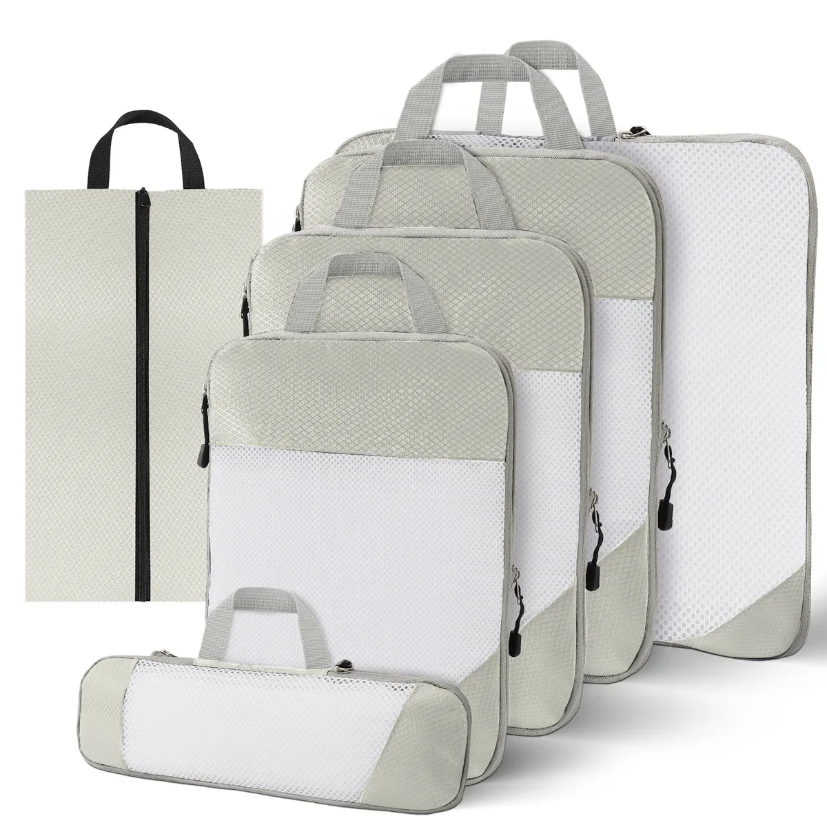 sac de rangement en nylon imperméable à compression de voyage portable, ensemble de pochettes de rangement à motif de grille visuelle pour l'organisation du voyage