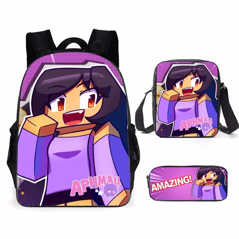 aphmau mochila-sac d'école pour étudiants sr, sac de rangement pour ordinateur portable de voyage, sacs à livres, sac à crayons cosplay, ensemble de 3 pièces
