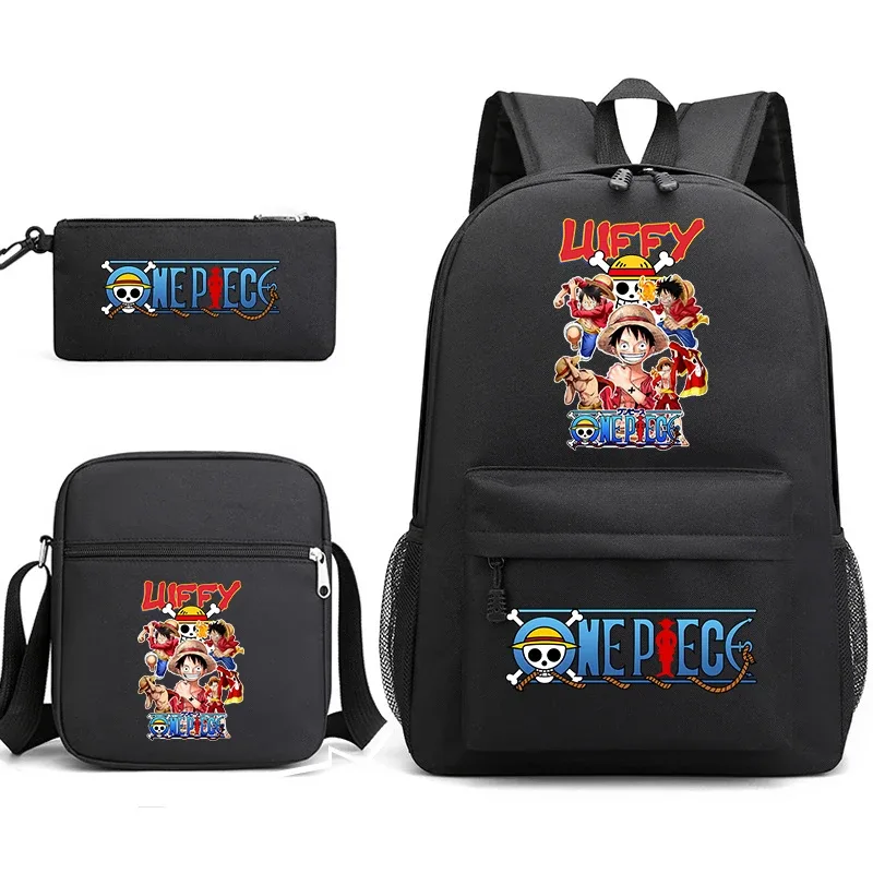 Ensemble de sacs à dos d'école 3 en 1 One Piece Luffy Anime pour garçons et filles avec trousse à crayons et sac à bandoulière