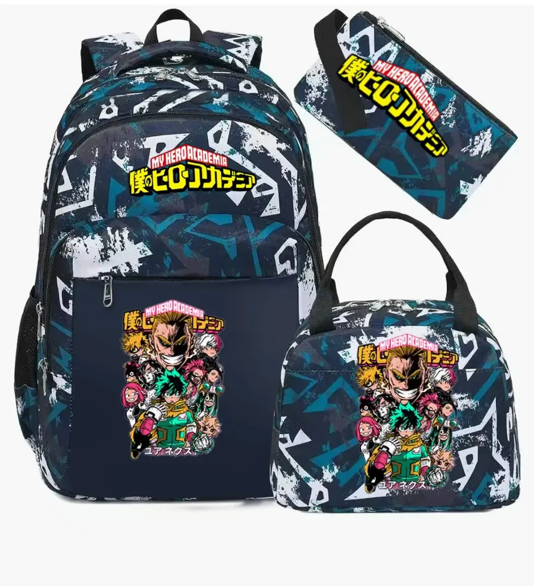 ensemble de sac à dos scolaire my hero academia anime pour filles, sac à dos léger et décontracté pour étudiantes avec sac à lunch et trousse à crayons