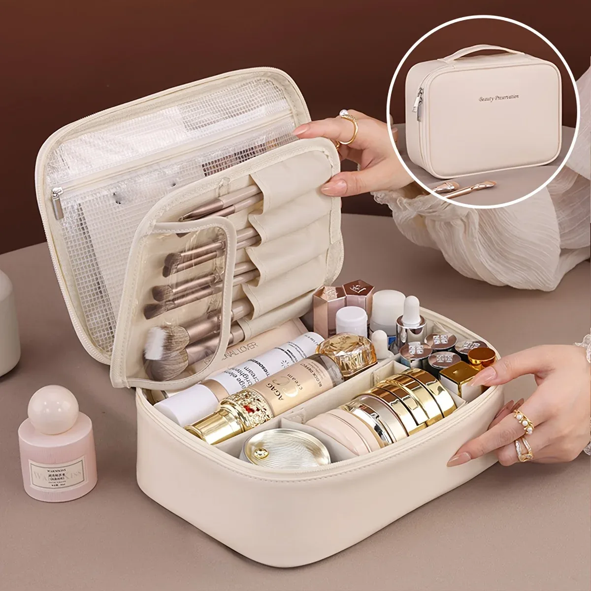 trousse de maquillage double couche en cuir pu, sacs à cosmétiques de grande capacité, organisateur de cosmétiques de luxe, essentiels de voyage pour femmes