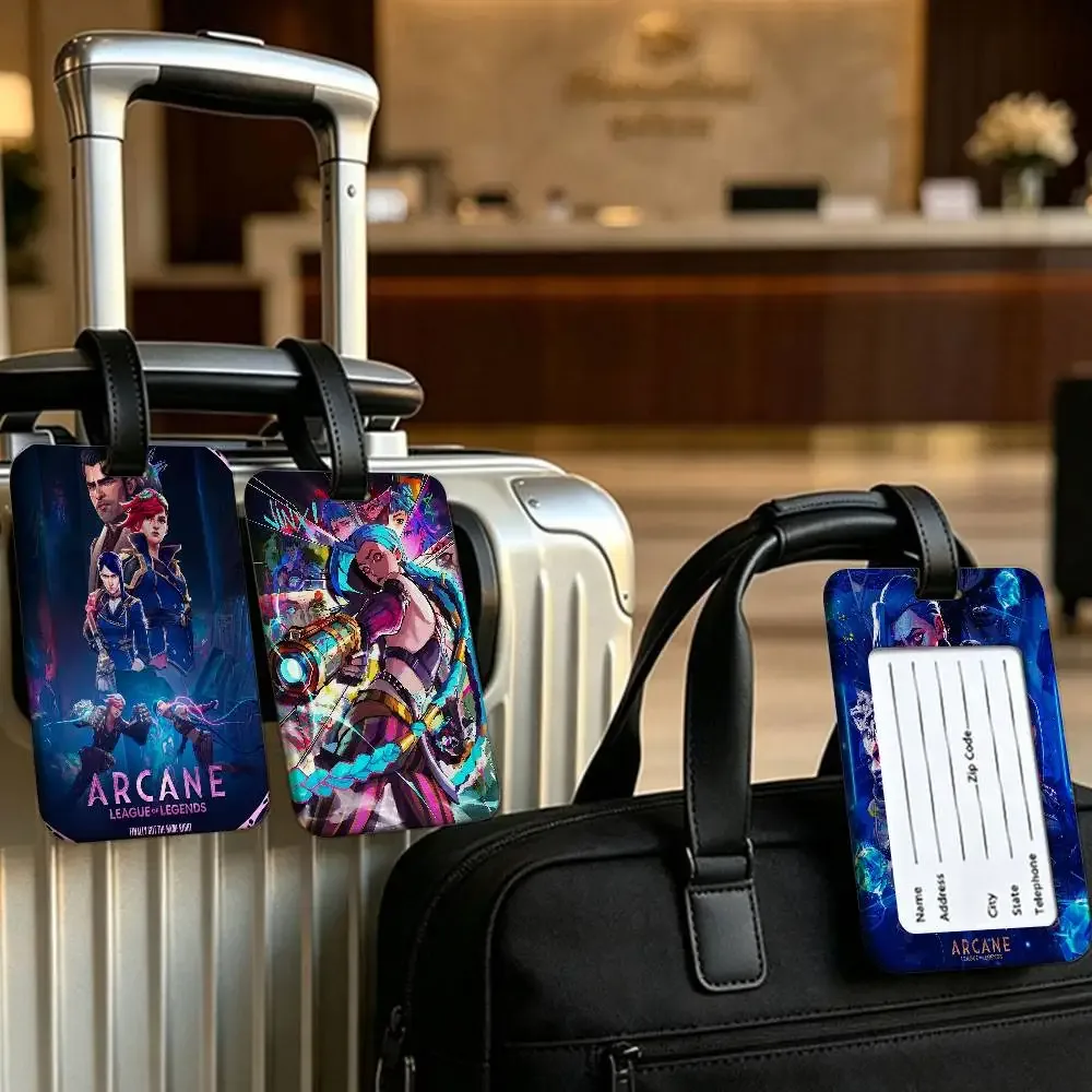 étiquette de bagage en pvc anime a-arcane avec carte d'information, étiquette anti-perte pour valise, sac à dos, accessoire de voyage