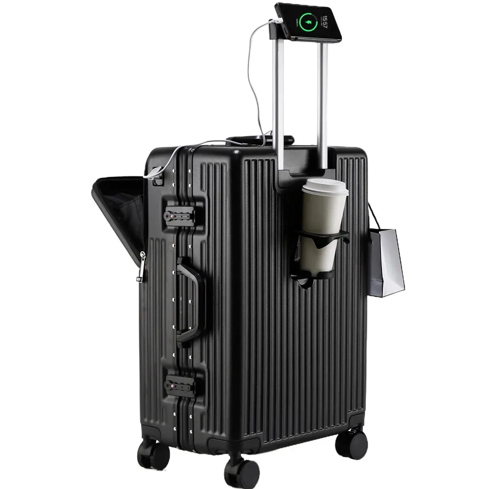 valise à cadre en aluminium, bagage de cabine à ouverture avant avec porte-gobelet usb, boîtier de chariot pour femme, valise de voyage avec roue de frein pour homme