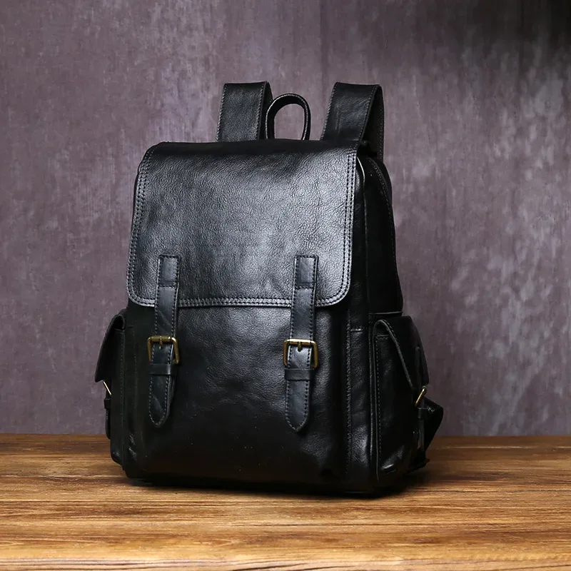 sac à dos en cuir véritable fait à la main pour homme, couche supérieure simple, sac d'ordinateur en cuir de vachette avec fermeture éclair, cartable à la mode
