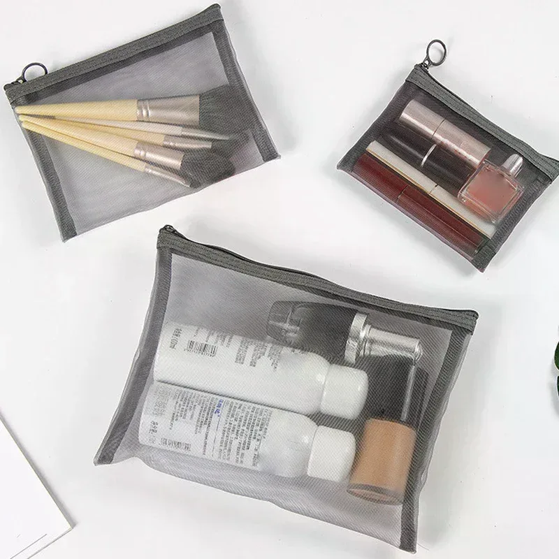 1 pièce trousse de toilette et de maquillage de voyage en maille gris-noir avec fermeture éclair pour femme, organiseur portable