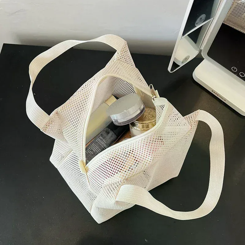 sac de toilette de voyage, sac à maquillage, sac en maille de grande capacité avec poignée, sac de plage portable, pochette à fermeture éclair pour cosmétiques