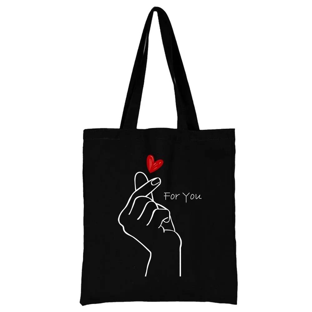 sac de shopping en toile noire pour femmes, fourre-tout décontracté réutilisable, sac à bandoulière à motif blanc imprimé, sac à main pliable de grande capacité