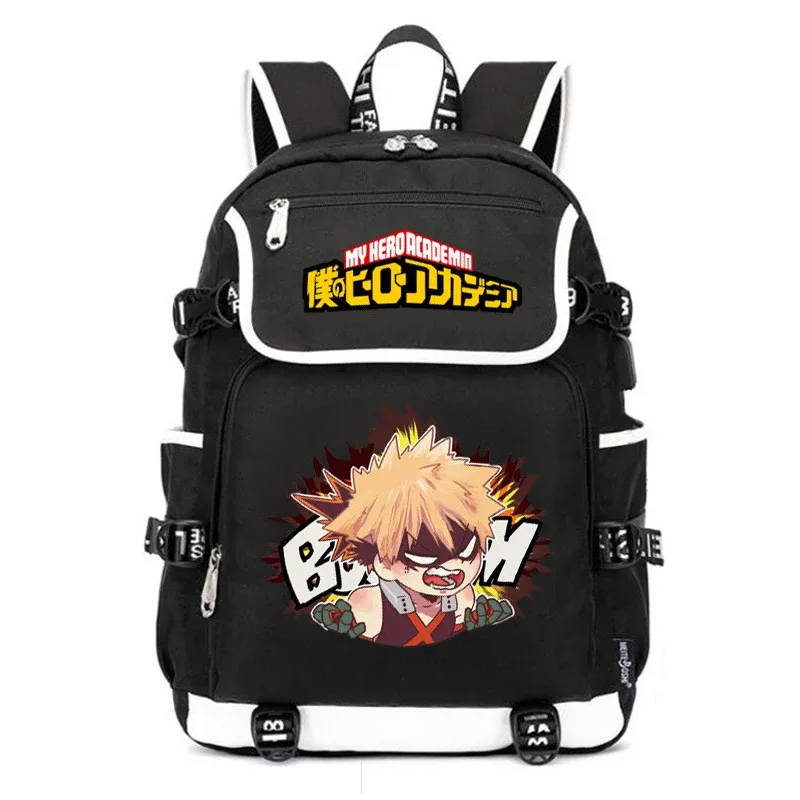 grand sac d'école anime pour femmes, sac à dos bakugou katsuki, sac à dos pour ordinateur portable avec chargeur usb, sac à dos de voyage oxford