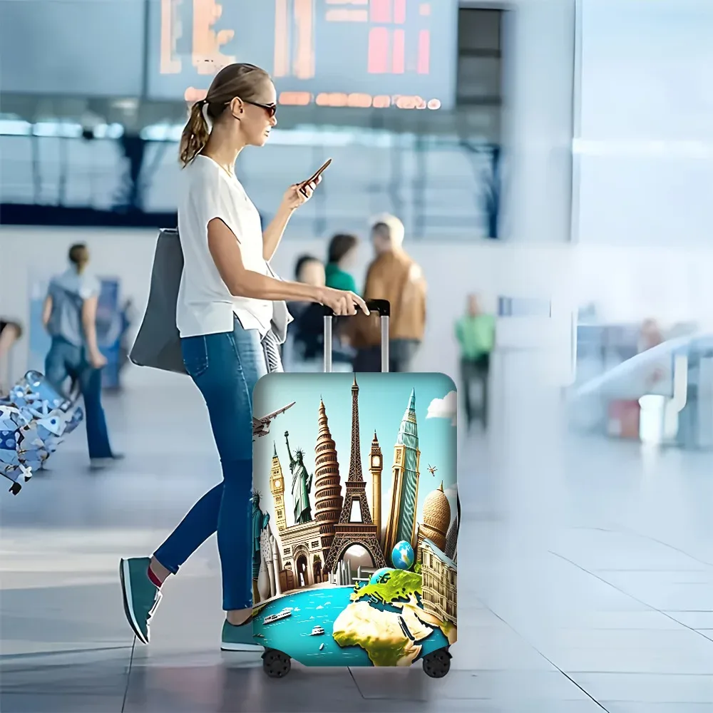 1 housse de bagage imprimée avec des monuments mondiaux, pour bagages de 18 à 32 pouces ; accessoires de voyage vibrants et résistants pour une protection efficace