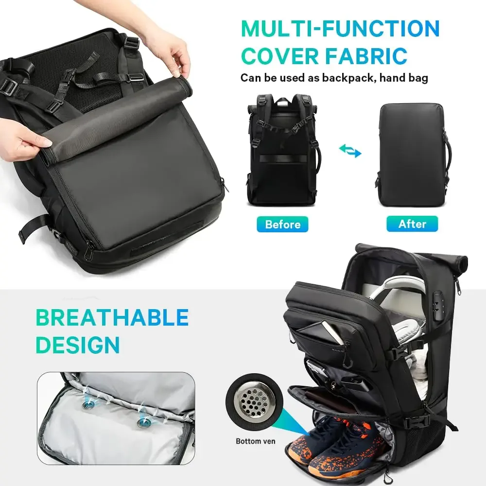 sac à dos pour ordinateur portable 2-en-1 bange avec sac bandoulière détachable, sac de voyage professionnel multi-usage en tissu oxford hydrofuge avec poche à chaussures