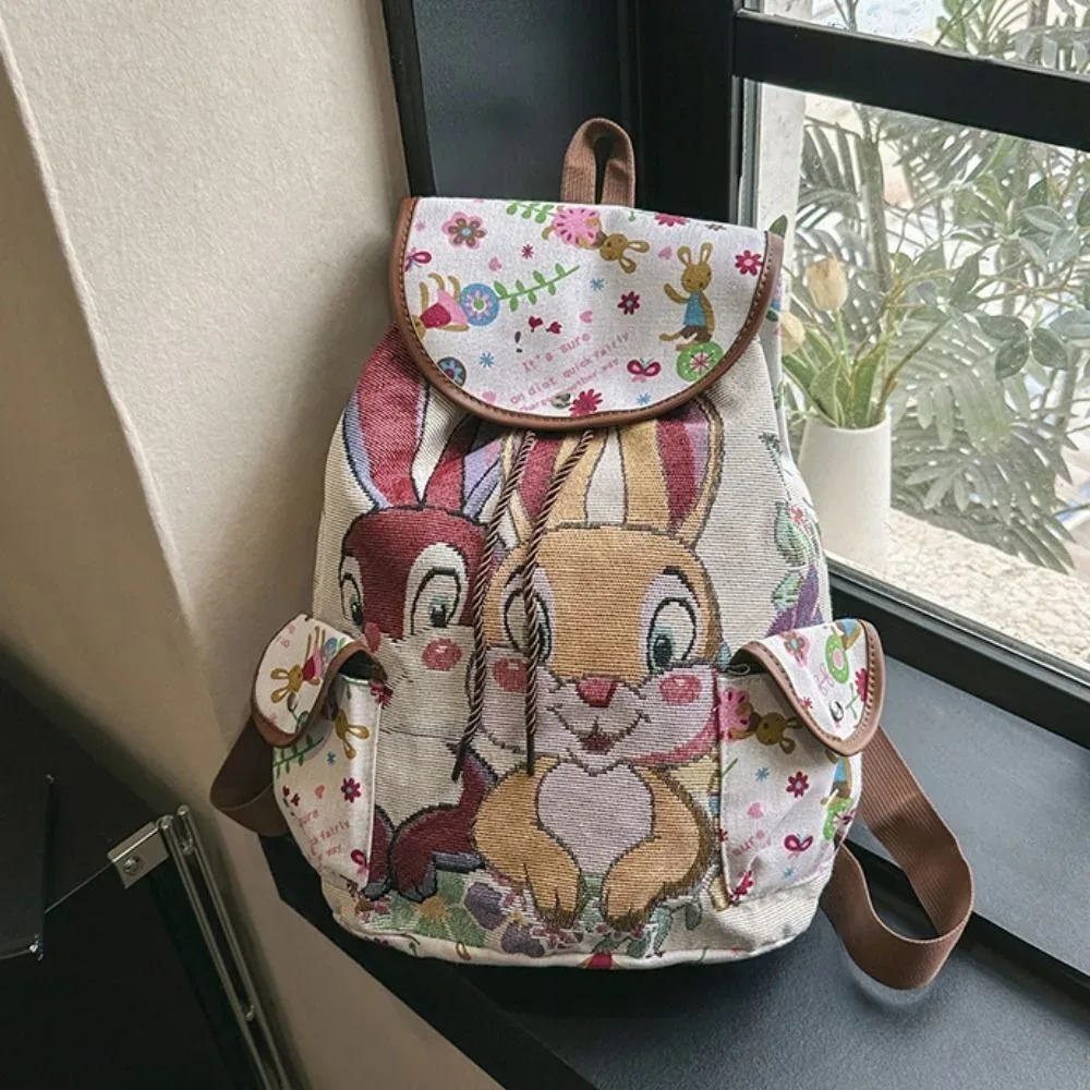 sac à dos décontracté en toile brodé style ethnique jacquard avec motif éléphant et hibou, sac seau à cordon pour la plage