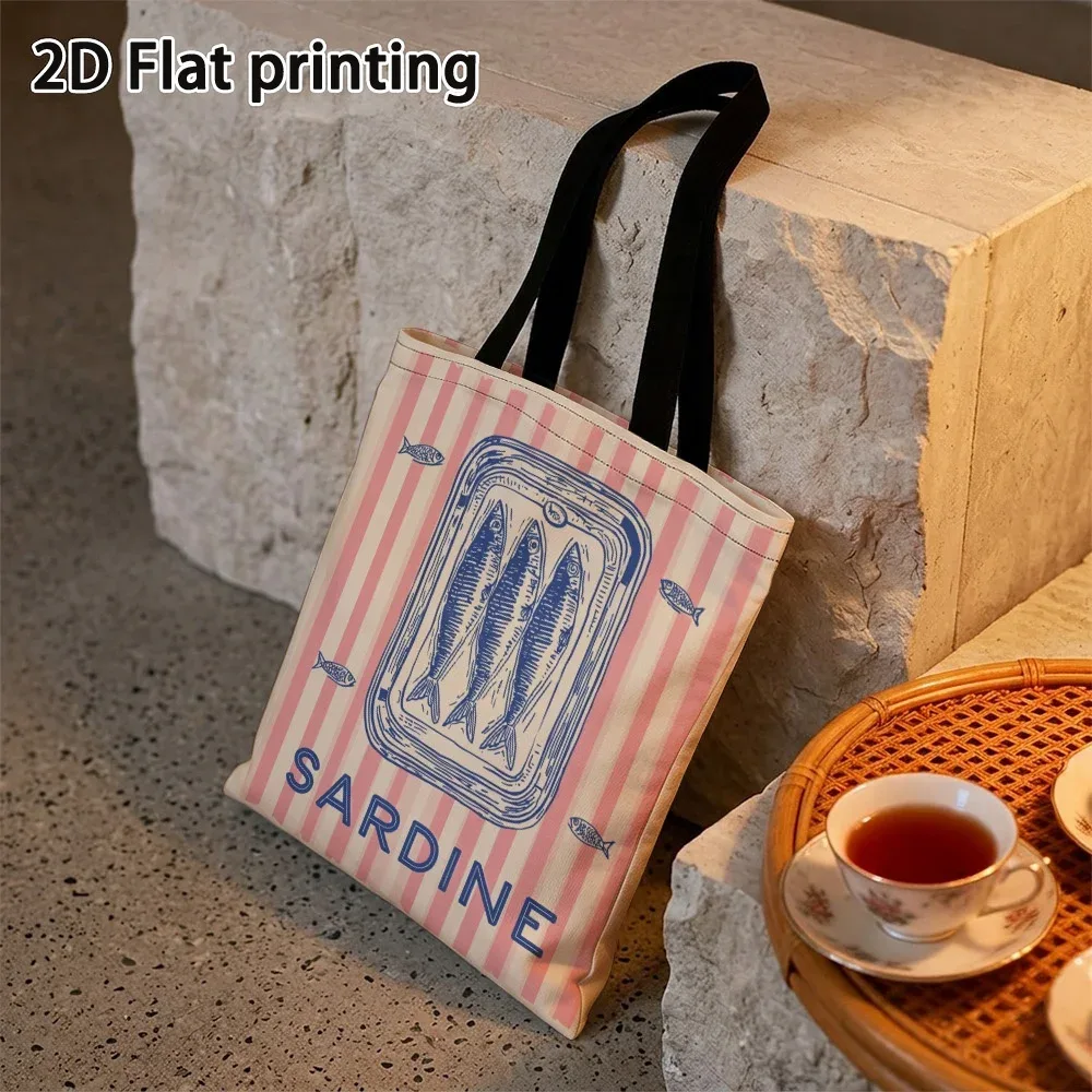 sac fourre-tout au design rétro vibrant motif sardine, sacs d'épicerie légers et réutilisables avec bretelles fixes, pour le shopping et l'usage quotidien