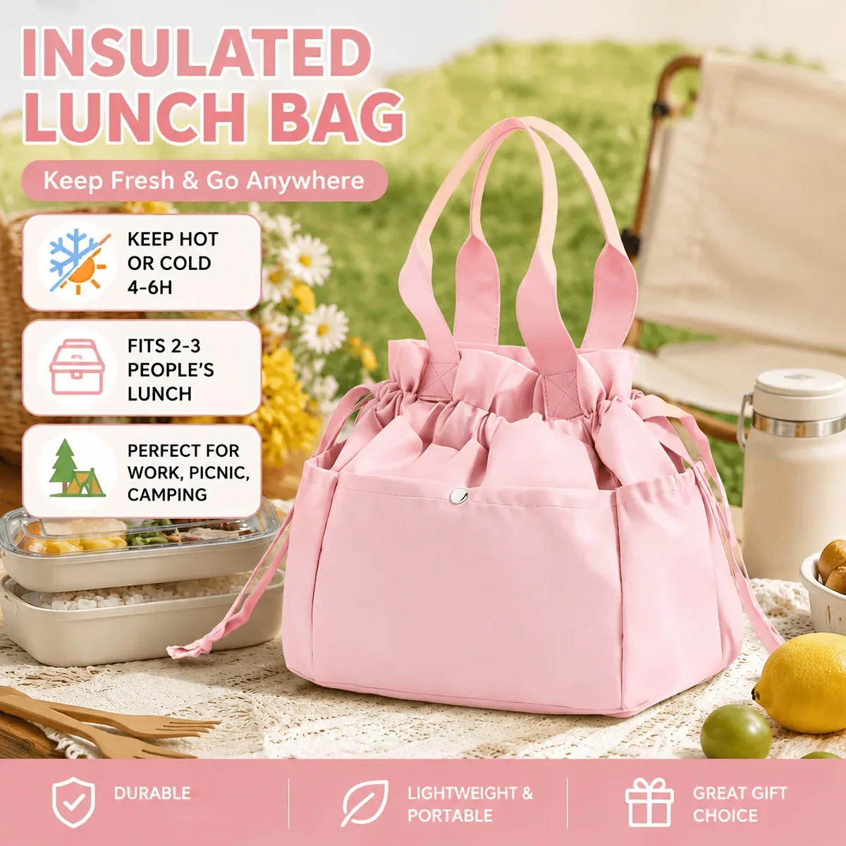 sac isotherme léger unisexe avec cordon de serrage pour le déjeuner, sac de rangement thermique pour aliments, sac à main pour le travail, les voyages, les pique-niques, facile à nettoyer, cadeau de vacances