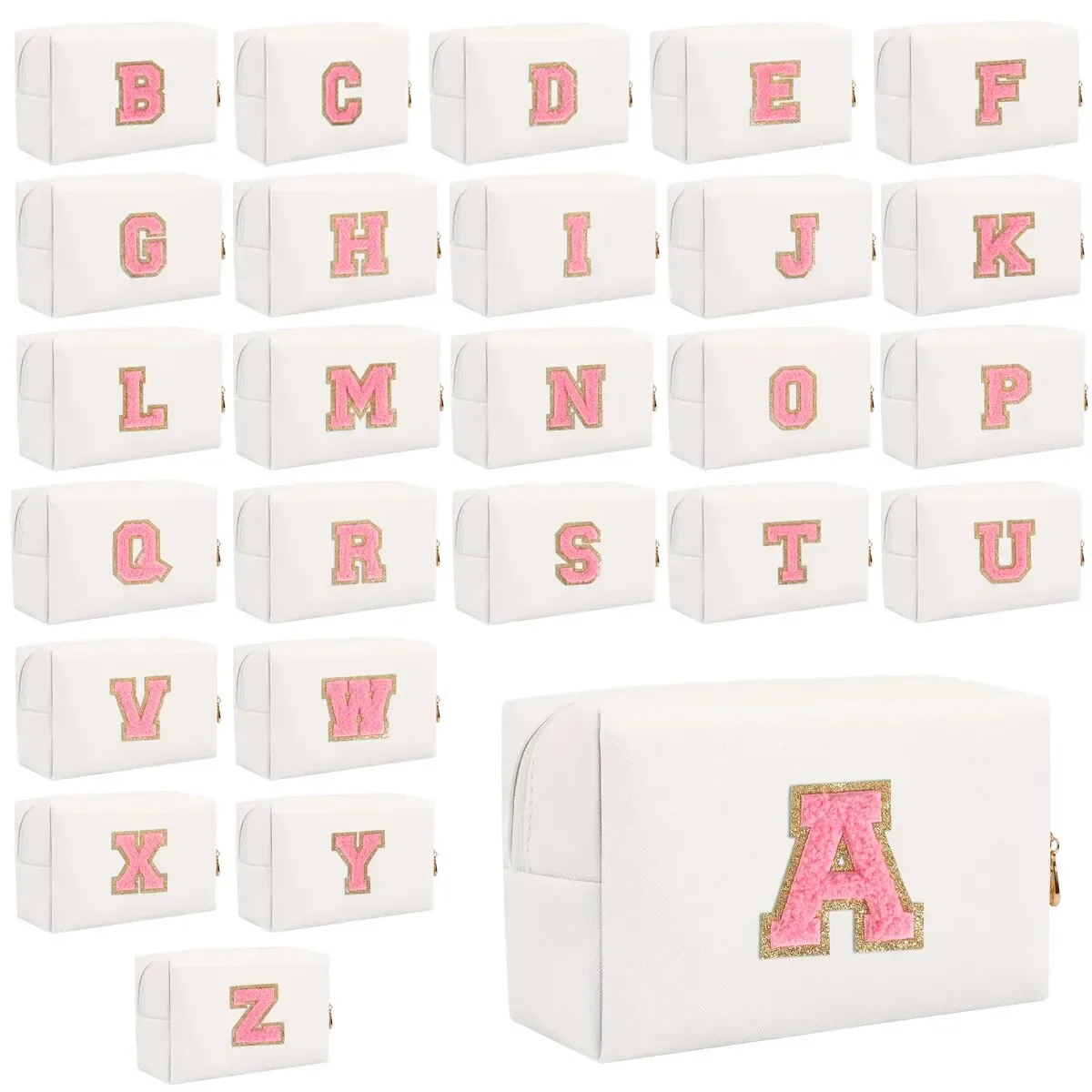 trousse de maquillage preppy pour femmes, trousse de toilette de voyage, sac à cosmétiques avec lettres en chenille, pochette étanche en cuir pu, joli organisateur à fermeture éclair-ll