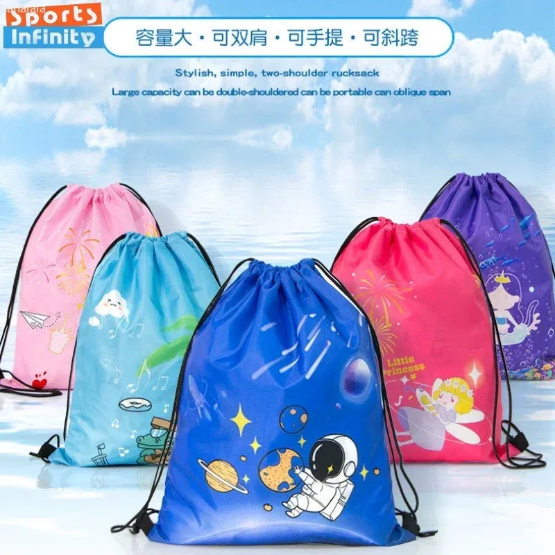 sac à dos à cordon de serrage avec imprimé espace et dessin animé, sac de sport de grande capacité, sac de rangement de voyage imperméable