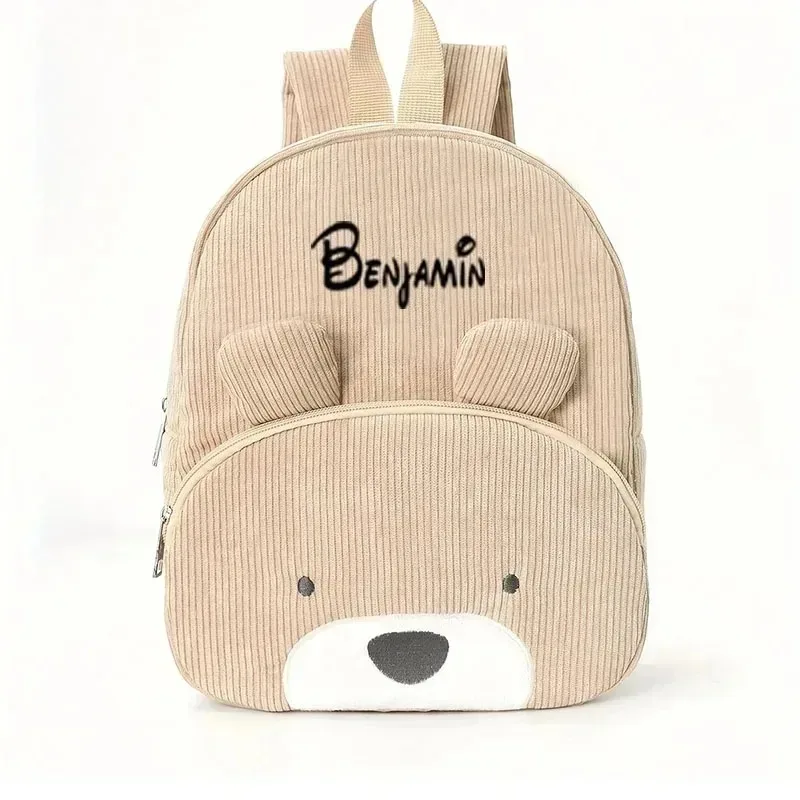 Sac à dos pour tout-petits avec nom personnalisé - Sac en velours côtelé ours de dessin animé brodé Sac à dos en peluche de grande capacité pour la saison scolaire pour les enfants
