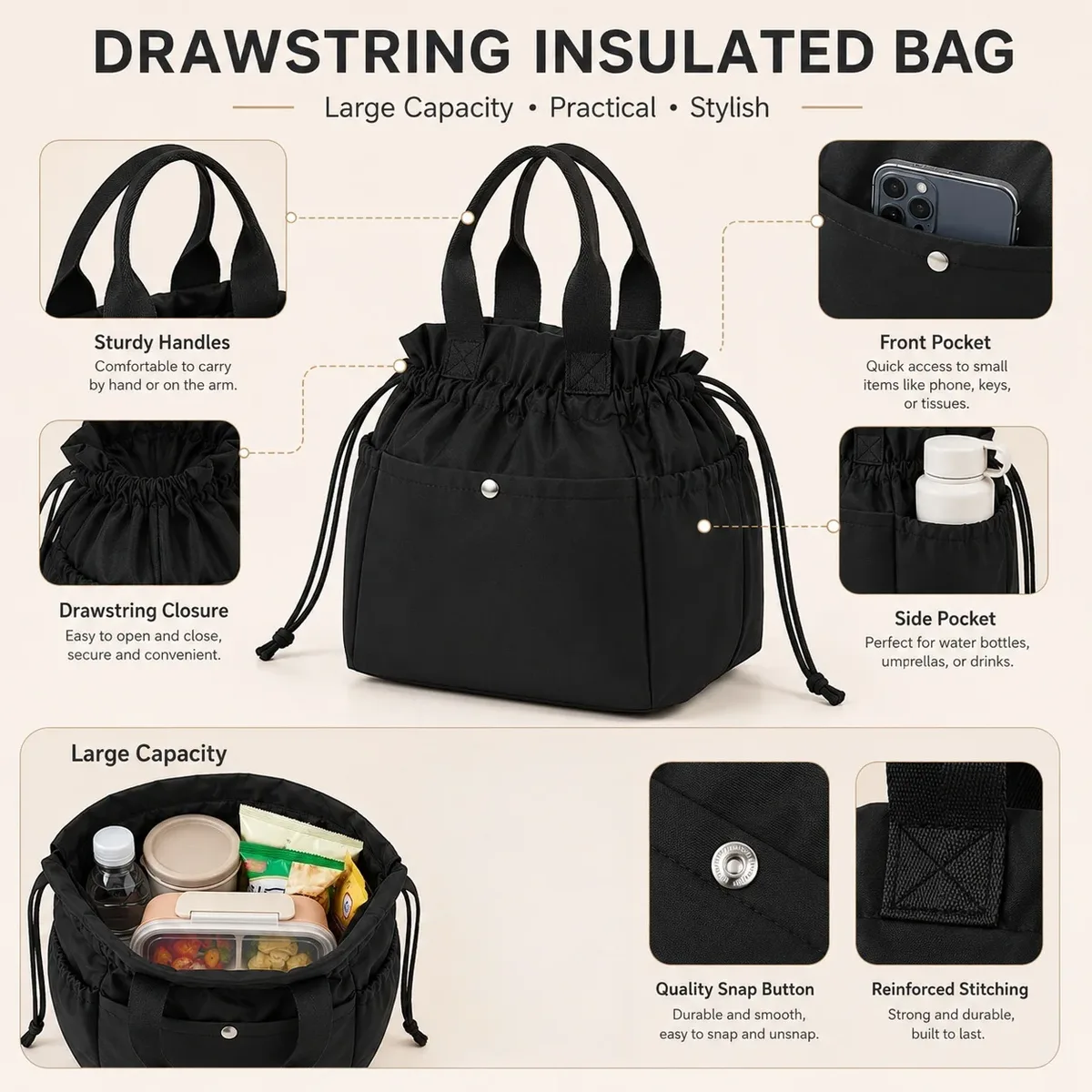 sac isotherme léger unisexe avec cordon de serrage pour le déjeuner, sac de rangement thermique pour aliments, sac à main pour le travail, les voyages, les pique-niques, facile à nettoyer, cadeau de vacances