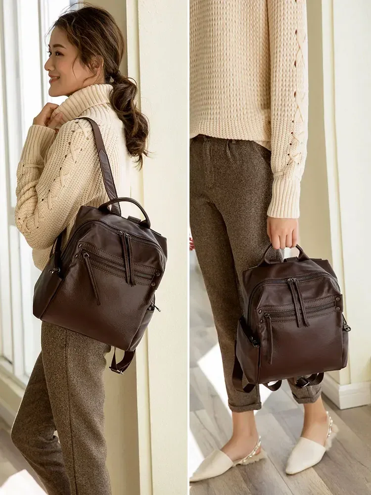 sac à dos de voyage décontracté pour femme, 100% cuir de vache naturel, grand cartable de style preppy pour fille, sac à dos pour ordinateur portable, café, 2025