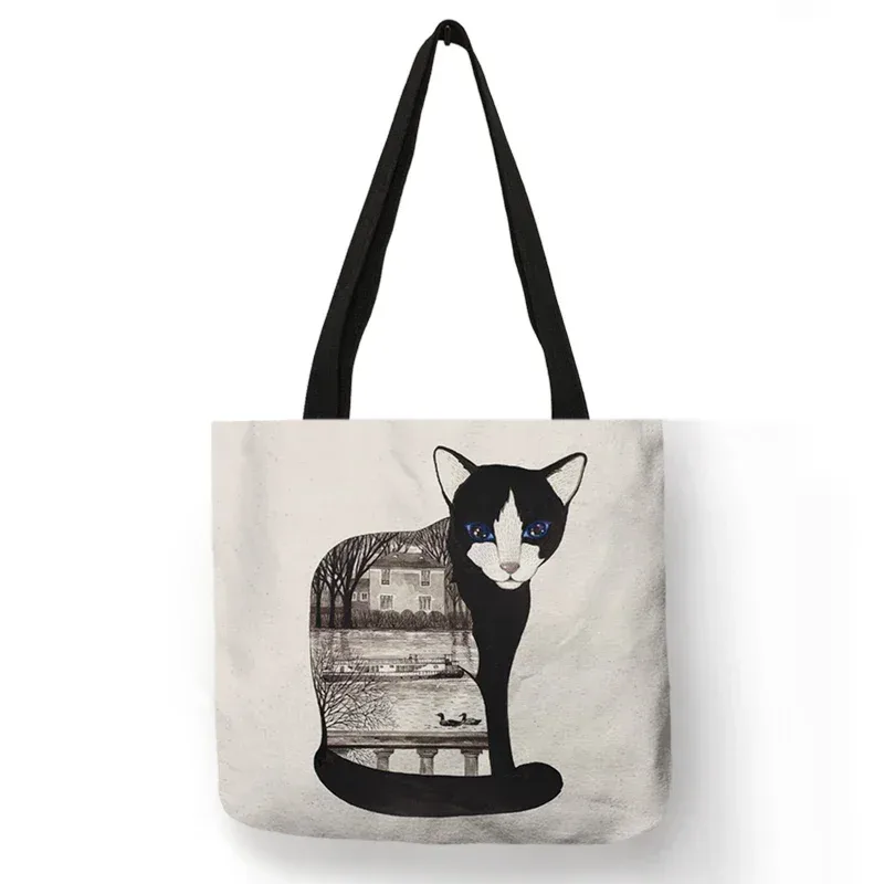 sac à bandoulière imprimé chat noir pour femmes, fourre-tout, sacs à main, peinture artistique animale, sac de shopping graphique pour boutique, supermarché, fourre-tout de plage