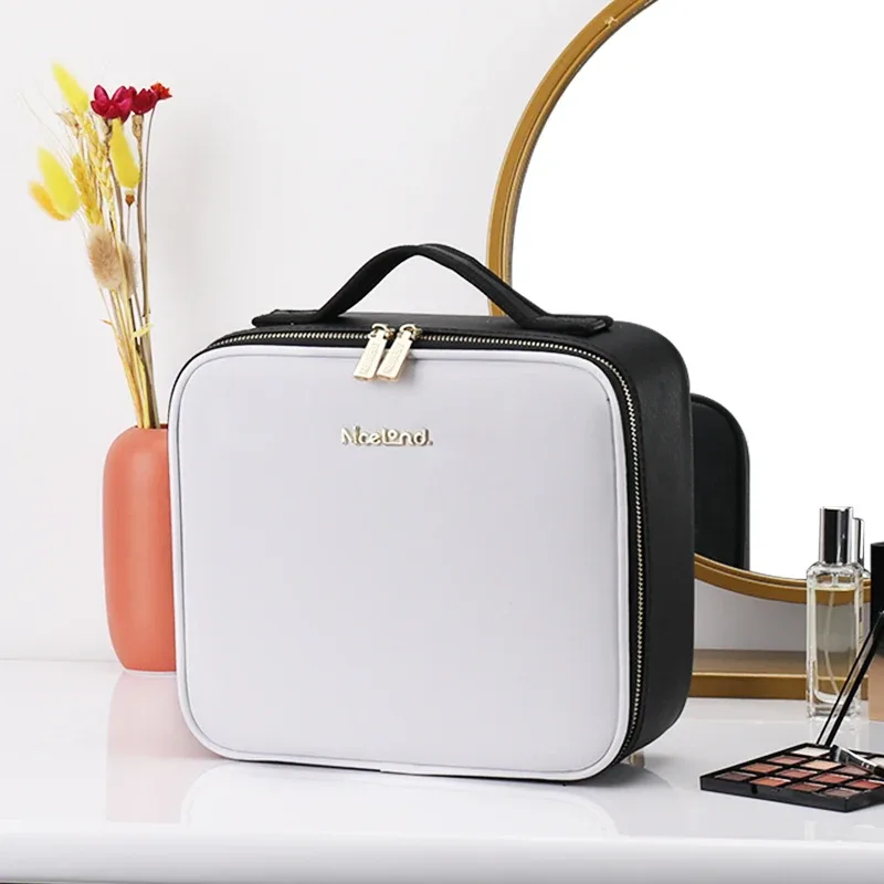 miroir de mallette de train 3 couleurs, trousse de maquillage portable blanche, organisateur étanche avec séparateurs réglables, mallette de rangement de cosmétiques, cadeau