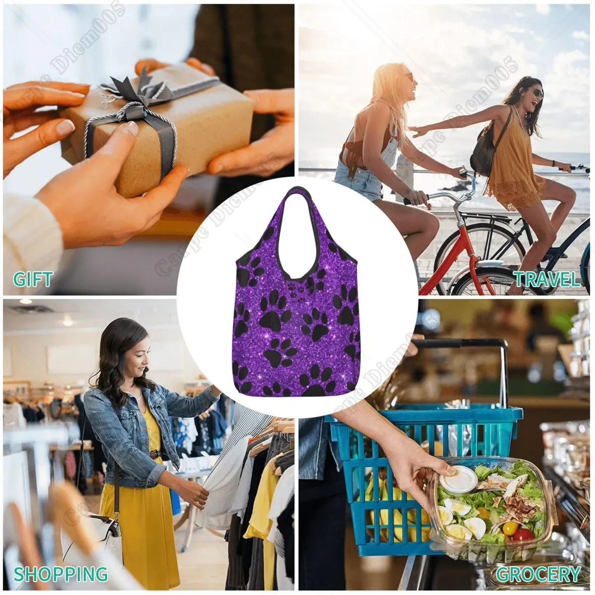 sac fourre-tout mignon pour femme, pattes de chien violet, sac de shopping pliant, travail de shopping, marche en plein air, mode sans fermeture à glissière, cuillère à soupe, rotterdam, kle