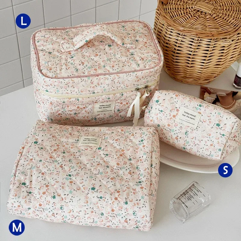 sac de maquillage en coton matelassé pour femmes, 1 pièce, mignon, fermeture éclair, organisateur de cosmétiques, sac à main en tissu en forme de boîte, trousse de toilette portable pour filles