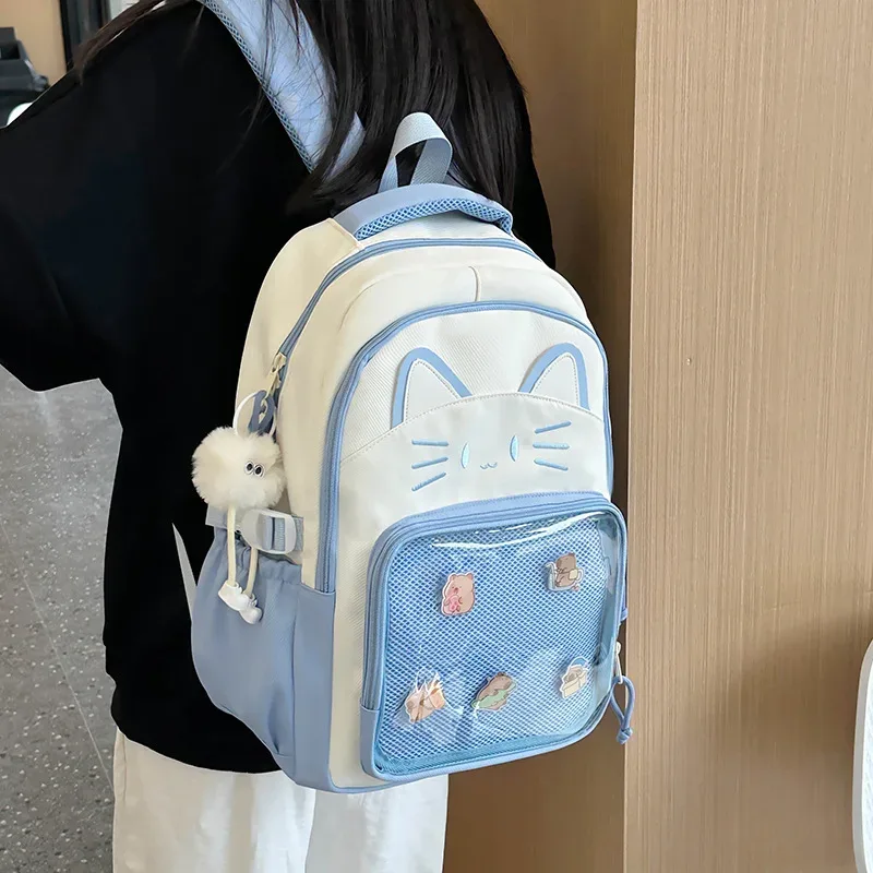 y2k mignon chat ita sacs à dos grande capacité sac à dos décontracté fille transparent bricolage affichage sac à dos dessin animé à la mode voyage cartables