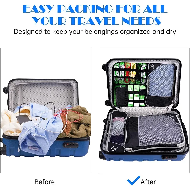 lot de 5 sacs de rangement pour vêtements de voyage, cubes de compression légers, organisateurs de bagages, sacs de sous-emballage, accessoires de voyage