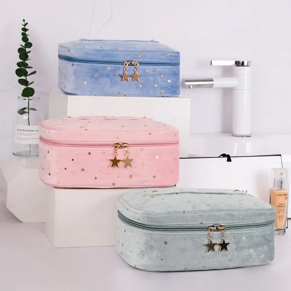 trousse de toilette de voyage grande capacité en velours motif étoiles bronzées, sac de rangement cosmétique en forme de coquille cubique pour femme