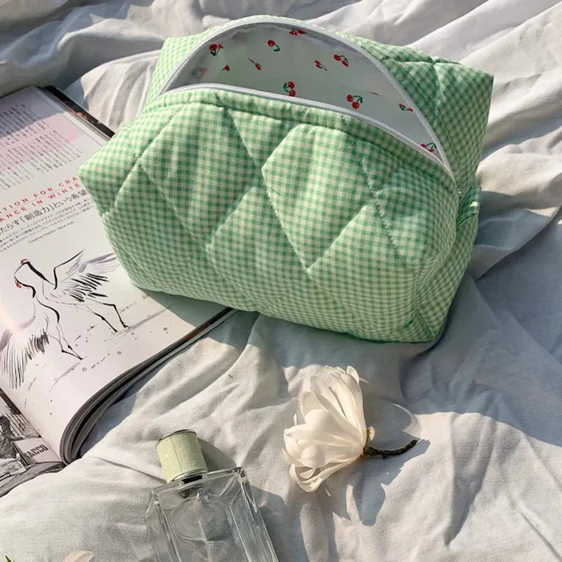pochette de maquillage couleur bonbon pour femmes, jolie pochette à carreaux de grande capacité, boîte à cosmétiques portable, sacs de rangement pour femmes