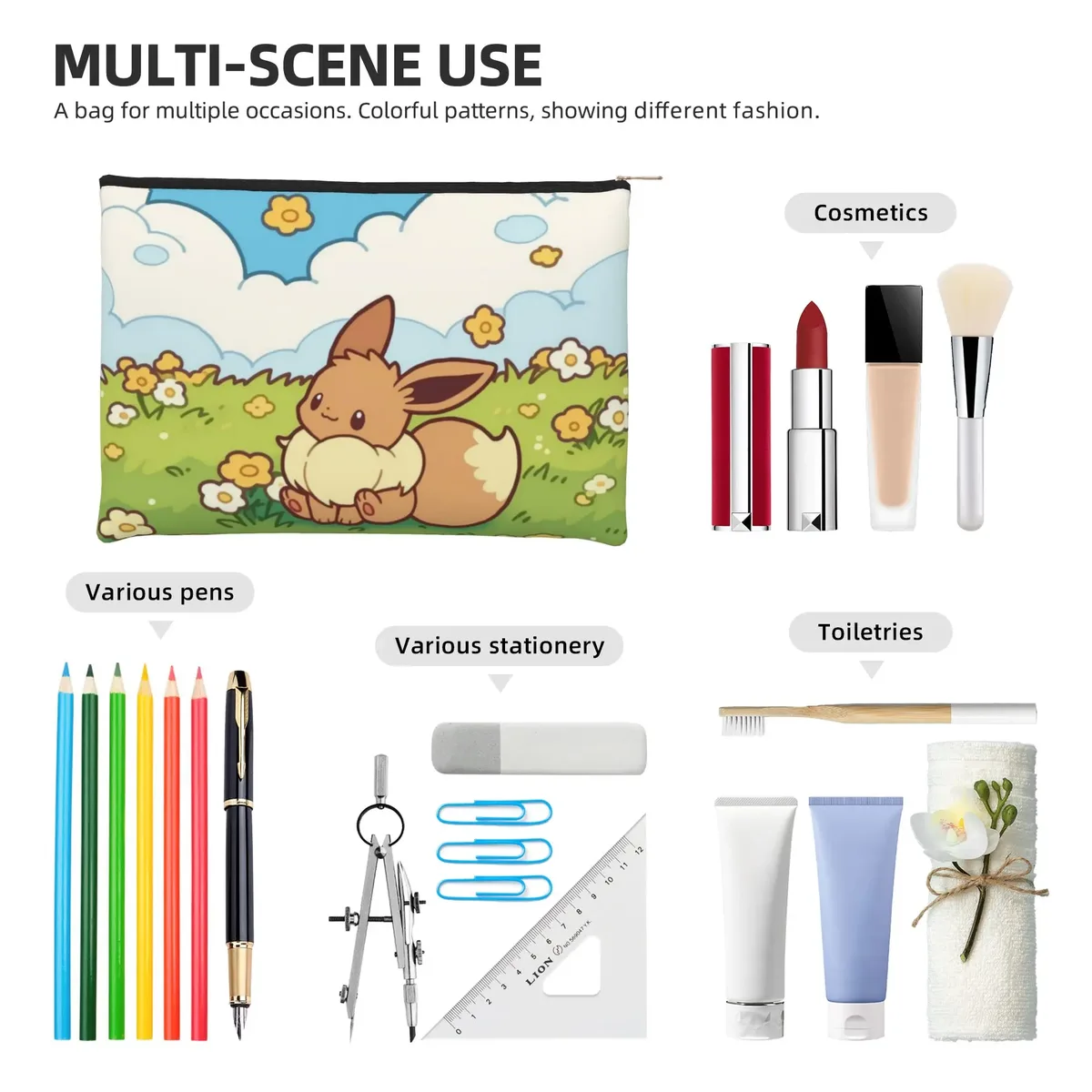 sac pliable mignon pokemon, trousse de maquillage eeveelution, trousse de toilette avec fermeture éclair, pochette cosmétique