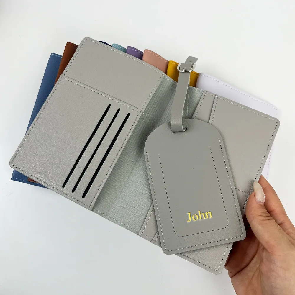 ensemble de porte-passeport et étiquette de bagage en cuir pu personnalisable avec plusieurs fonctions et compartiments multiples