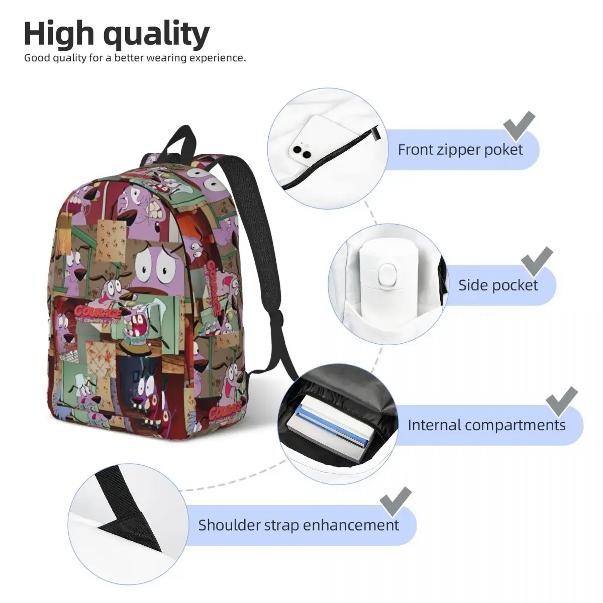 sac à dos drôle de dessin animé pour hommes et femmes, sac à dos en toile pour ordinateur portable, sac de voyage, sac de randonnée, sac à dos de comédie, chien lâche, c-courage, durable, lycée, mignon