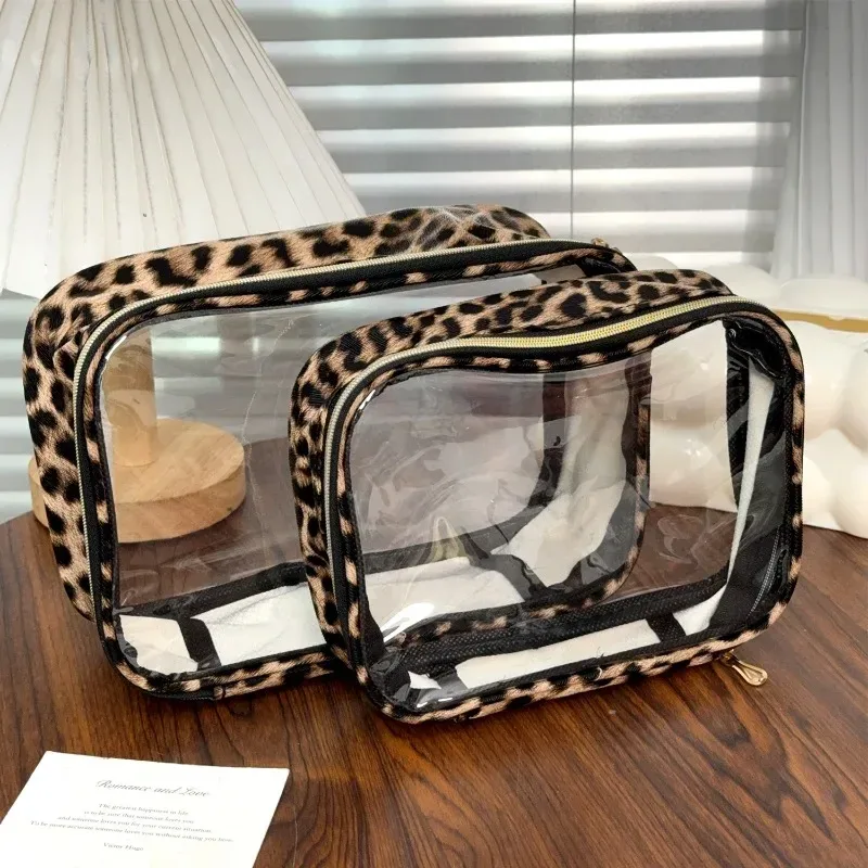 sac de maquillage transparent imprimé léopard, grande capacité, organisateur de cosmétiques de voyage, sac à cosmétiques étanche à fermeture éclair