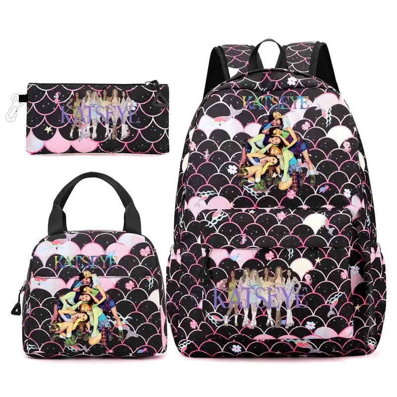 ensemble de sacs à dos katseye 3 pièces, sac à dos grande capacité pour étudiants avec sac à lunch et trousse à crayons, sac à dos décontracté et tendance