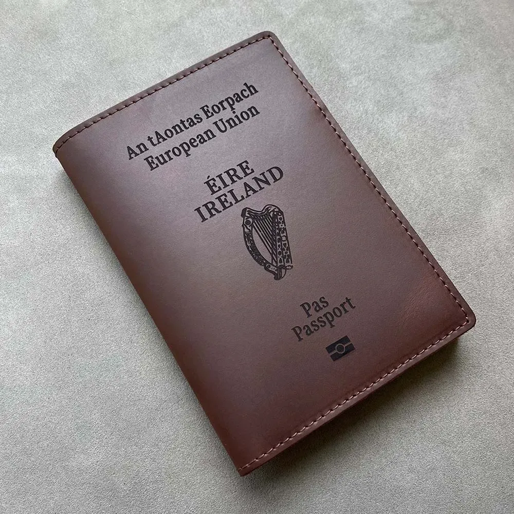 irlande protege passeport personnalisé vintage en cuir véritable de cheval fou, porte-passeport irlandais personnalisé