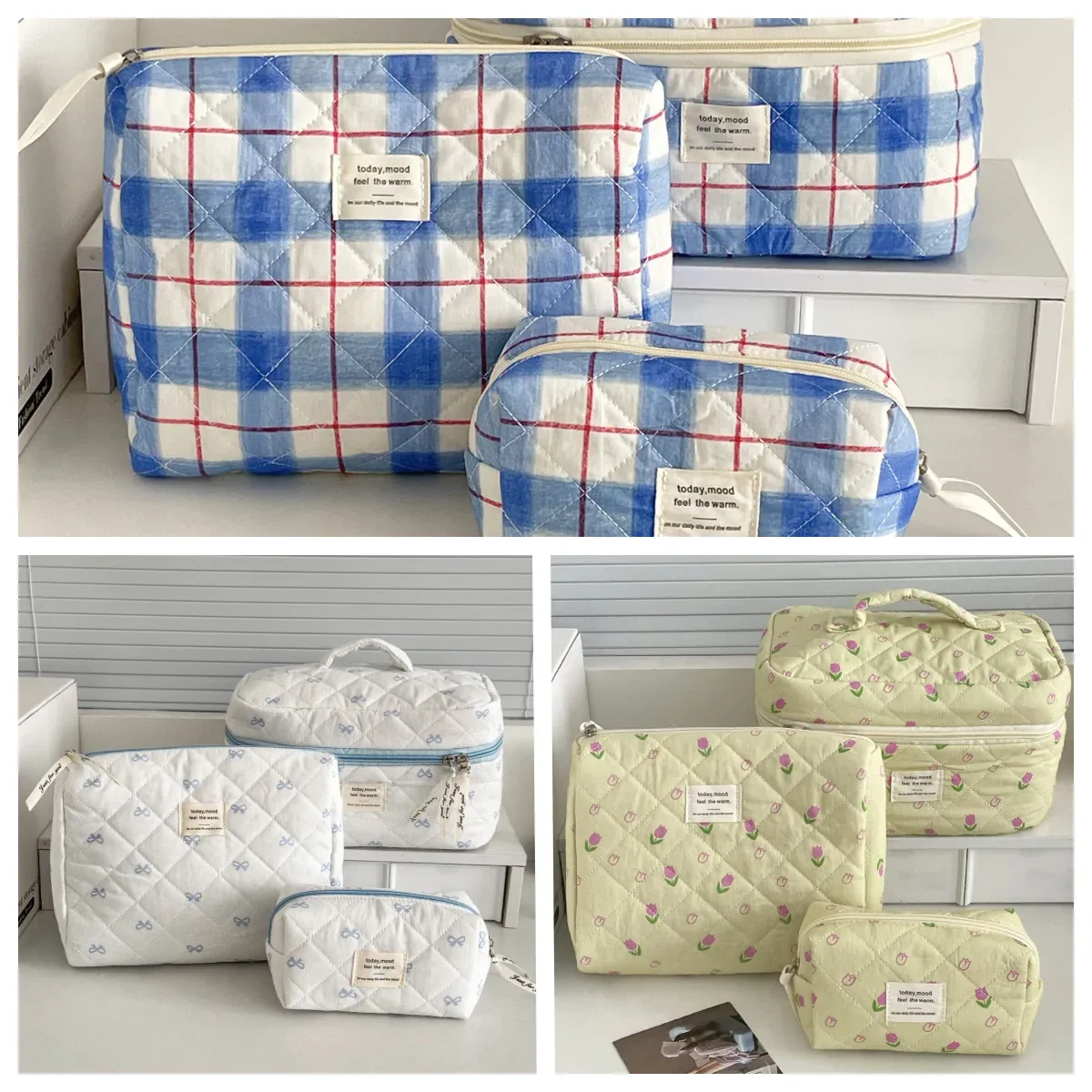 Trousse de toilette rétro polyvalente YT avec motif à carreaux rouge et bleu et nœud rose, haute valeur esthétique, portable