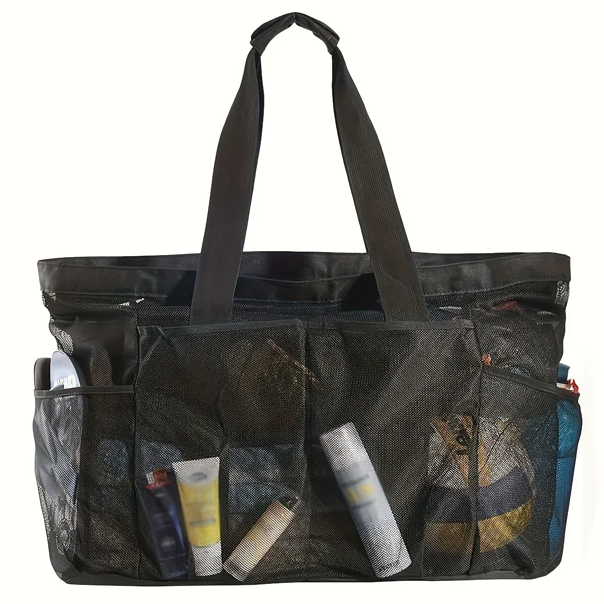 sac de plage en maille extra large, fourre-tout respirant en maille avec fermeture éclair et poches latérales, sac de rangement portable de grande capacité