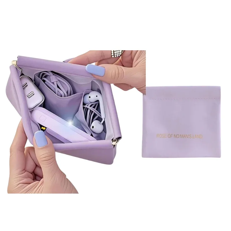 mini sac de rangement automatique à ressort en silicone, pochette de maquillage portable, étanche, pour écouteurs, chargeurs et câbles