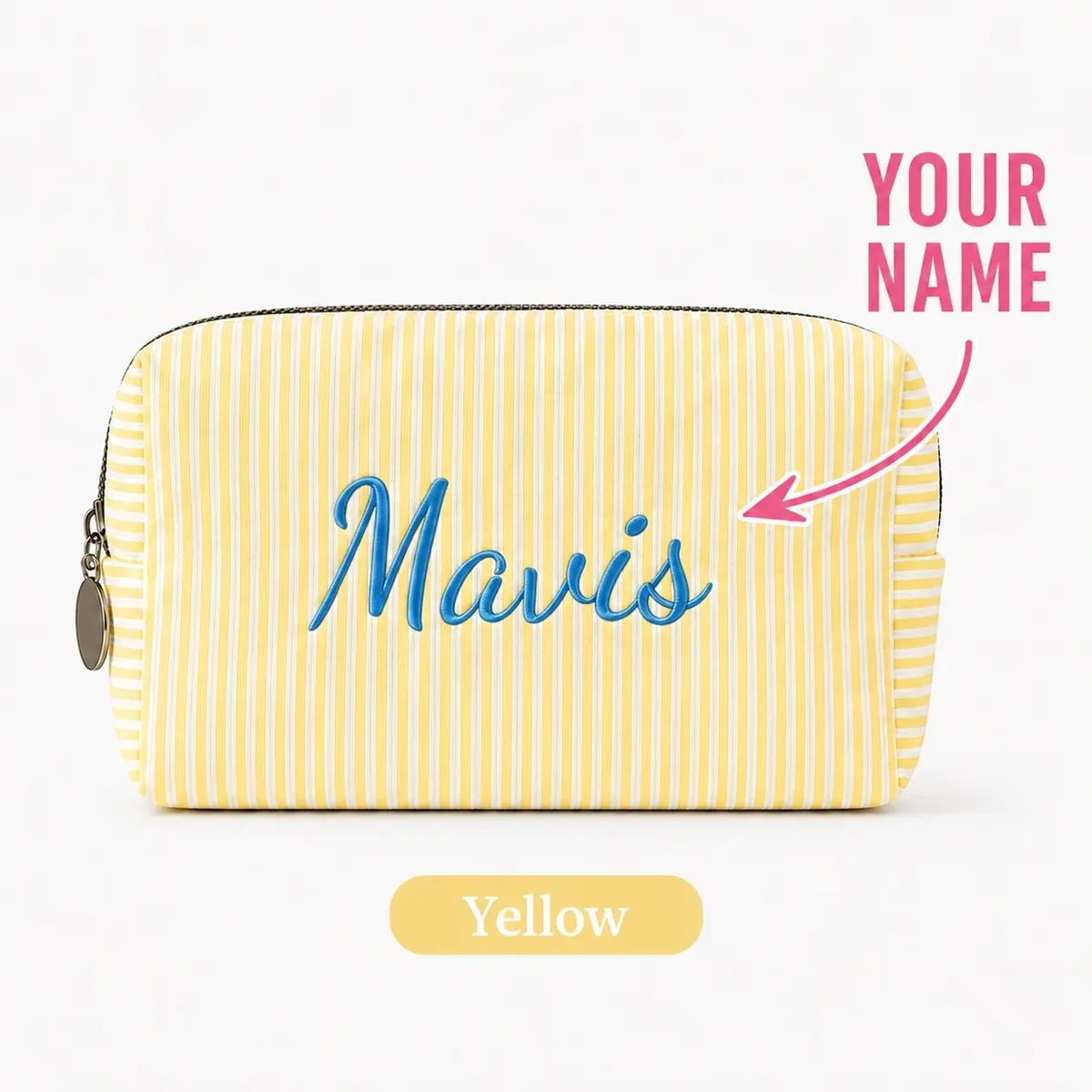 trousse de maquillage personnalisée avec nom pour femmes, pochette cosmétique rayée avec fermeture éclair, sac de rangement personnalisé pour articles de toilette de voyage
