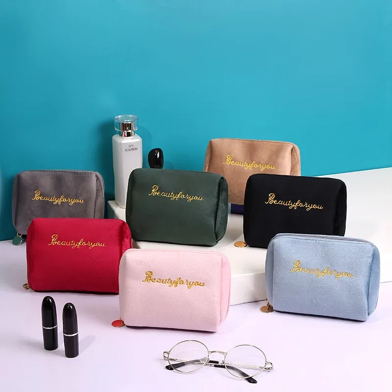 sac à cosmétiques pour femmes, fermeture éclair, lettre en velours brodée, pochette de maquillage solide pour cosmétiques, trousse de toilette, sacs de maquillage féminins
