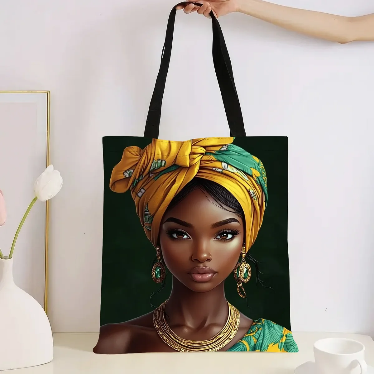 sac fourre-tout en lin imprimé pour femmes africaines, sac à bandoulière d'école esthétique, sac d'épicerie léger