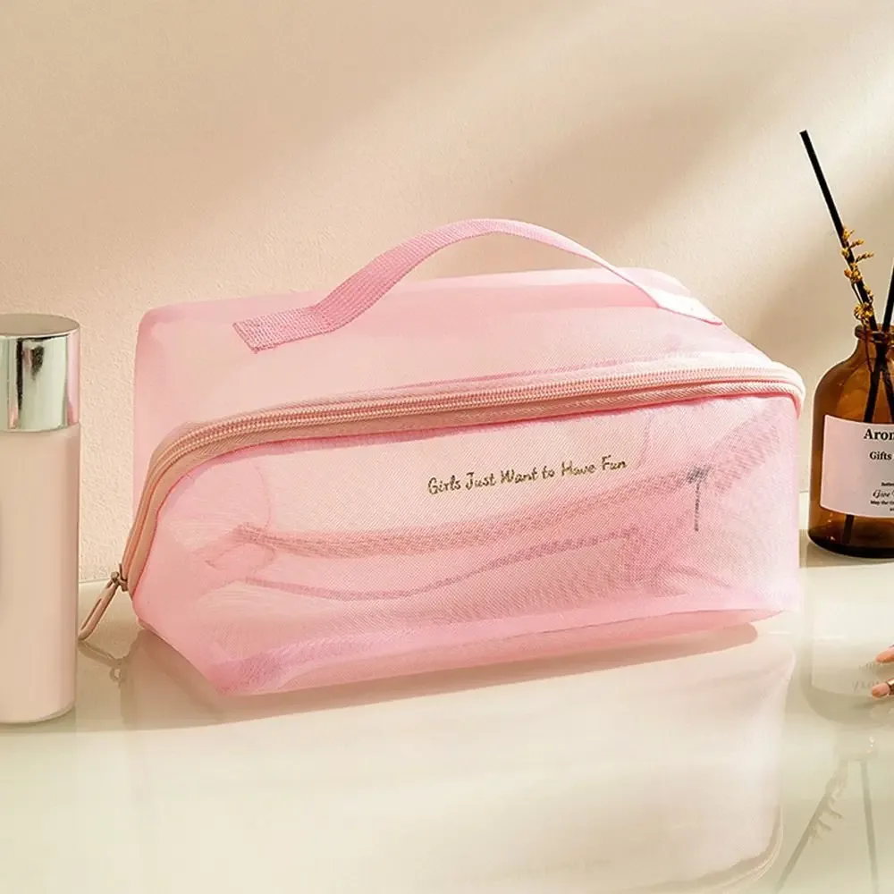 sac de maquillage en maille portable de grande capacité, sac de rangement de voyage léger et solide, pochette de rangement, trousse de toilette et de beauté