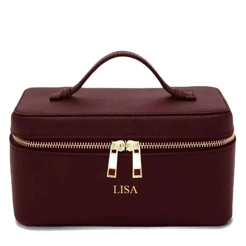 Trousse de toilette de voyage en croûte de cuir Saffiano pour femmes, nom personnalisé, boîte de rangement de maquillage suspendue Portable, sac à cosmétiques pour femmes