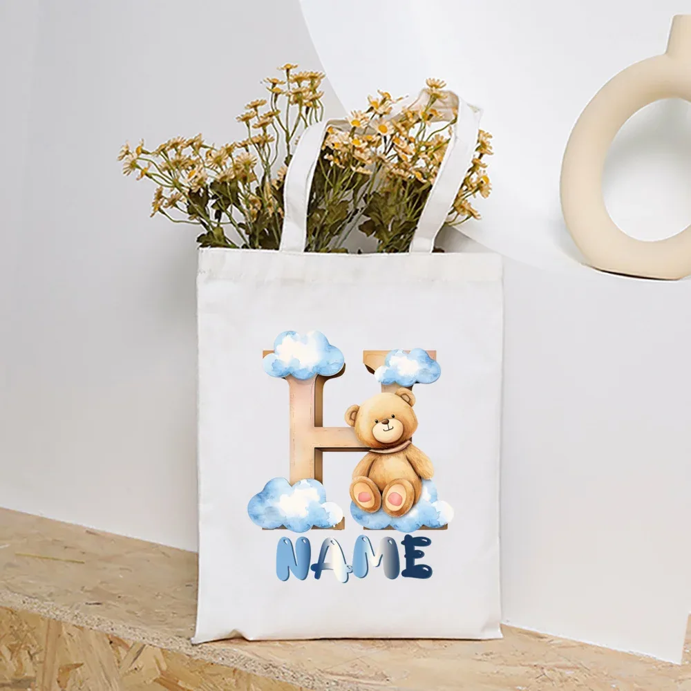 sacs fourre-tout en toile college nuage ours et alphabet personnalisés, sacs à main personnalisés de grande capacité, cadeaux de portabilité pour la rentrée scolaire