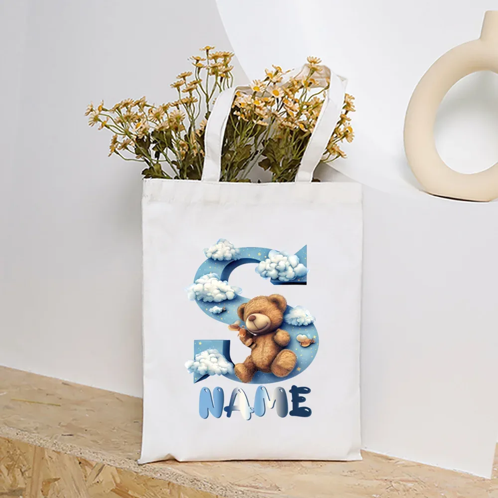 sacs fourre-tout en toile college nuage ours et alphabet personnalisés, sacs à main personnalisés de grande capacité, cadeaux de portabilité pour la rentrée scolaire